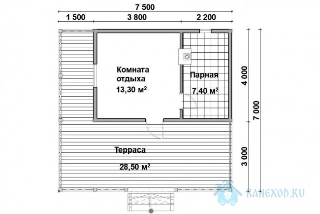 Каркасная баня 7.5 на 7 с террасой