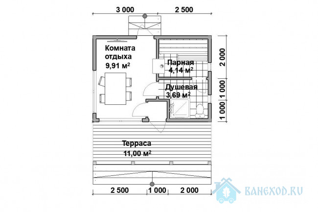 Каркасная баня 5.5 на 4 с террасой