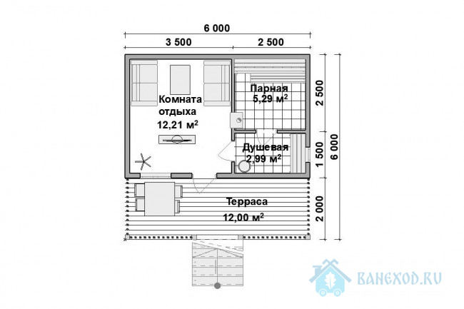 Каркасная баня 6 на 6 с террасой