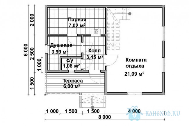 Баня из бруса 8 на 6 в два этажа с террасой